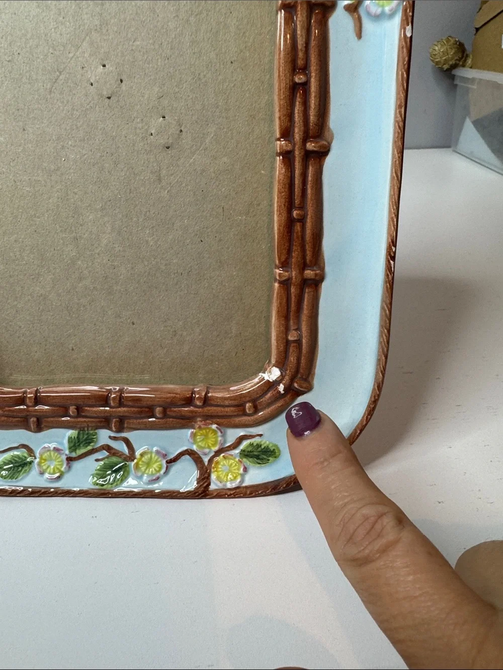 Vintage Terragrafics Ceramic Picture Frame Blue Bamboo Floral 1991 Korea